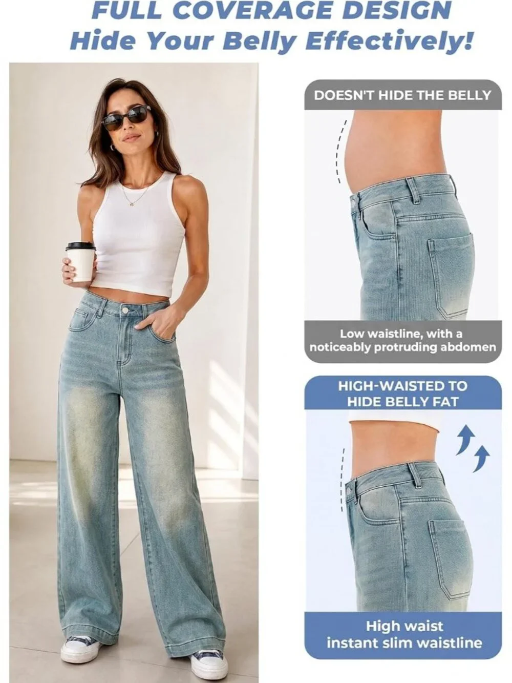 Women's Washed Blue Denim Y2k Straight Leg Button Zipper High Waisted Baggy Jean